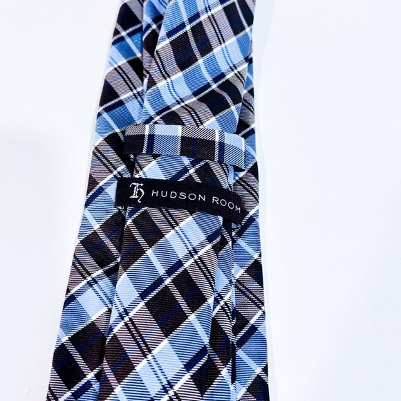 HUDSON ROOM Brown and light blue plaid silk tie * - Picture 4 of 4